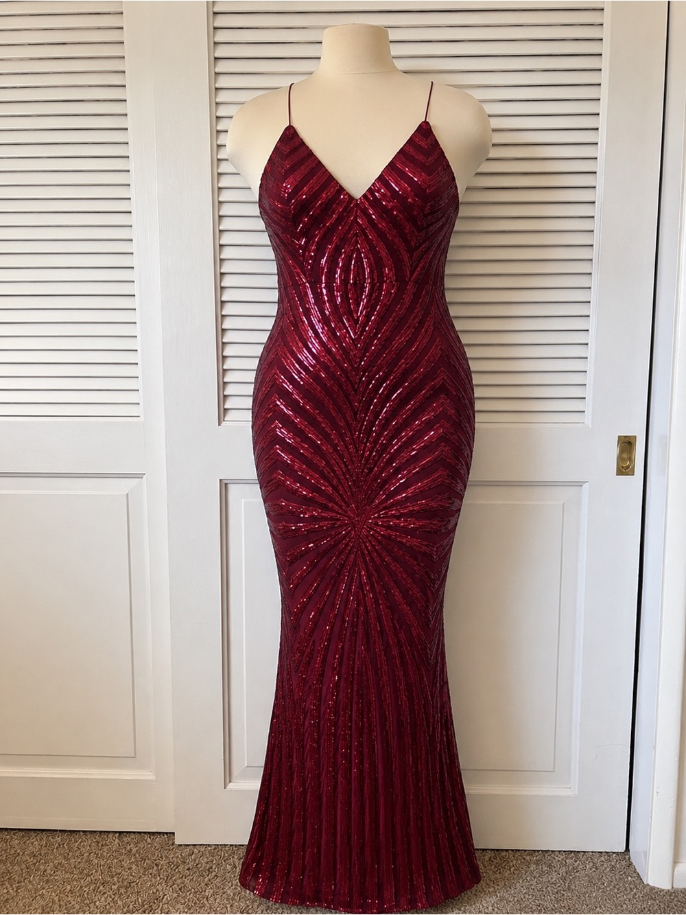 Dancing Queen Burgundy Sequin Mermaid Gown with Spaghetti Straps